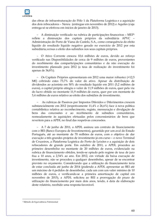 60
das obras de infraestruturação do Pólo 1 da Plataforma Logística e a aquisição
dos dois rebocadores – Nereu (entregue em novembro de 2012) e Aquiles (cuja
entrega só se efetivou em inícios de janeiro de 2013).
 A diminuição verificado na rubrica de participações financeiras – MEP1
reflete a diminuição dos capitais próprios da subsidiária APVC –
Administração do Porto de Viana do Castelo, S.A., como consequência do efeito
líquido do resultado líquido negativo gerado no exercício de 2012 por esta
subsidiária,versus o efeito dos subsídios nos seus capitais próprios.
 O Ativo Corrente cresceu 10,6 milhões de euros, devido ao reforço
verificado nas Disponibilidades de cerca de 9 milhões de euros, provenientes
do recebimento das comparticipações comunitárias e da não execução do
investimento planeado para 2012 (a taxa de realização do investimento foi
apenas de 36,8%).
 Os Capitais Próprios apresentaram em 2012 uma maior robustez (+12,5
M€) cobrindo estes 73,7% do valor do ativo. Apesar da distribuição de
dividendos ao acionista em 50% do resultado liquido em 2011 (5,2 milhões de
euros), o capital próprio atingiu o valor de 11,9 milhões de euros, quer pela via
do lucro obtido no montante 11,9 milhões de euros, quer por um montante de
5,4 milhões de euros relativo ao efeito dos subsídios de investimento.
 As rubricas de Passivos por Impostos Diferidos e Diferimentos crescem
substancialmente em 2012 (respetivamente 11,4% e 26,6%) face à nova política
contabilística relativa ao reconhecimento, registo, mensuração e divulgação de
bens das concessões e ao recebimento de subsídios comunitários,
nomeadamente às aquisições efetuadas pelos concessionários de bens que
revertem para a APDL no final das respetivas concessões.
 A 7 de junho de 2011, a APDL assinou um contrato de financiamento
com o BEI (Banco Europeu de Investimentos), garantido por um aval do Estado
Português, até ao montante de 70 milhões de euros, com o objetivo de dar
execução a três grandes projetos de investimento já em curso – o novo Terminal
de Cruzeiros, a Plataforma Logística do Porto de Leixões e a aquisição de dois
rebocadores de grande porte. Em outubro de 2011, a APDL procedeu ao
primeiro desembolso no montante de 20 milhões de euros, evidenciado na
rubrica de financiamento obtidos, tendo-se optado pelo regime de taxa de juro
fixa a 10 anos, a 2,54% ao ano. Em 2012, em virtude da baixa execução de
investimento, não se procedeu a qualquer desembolso, apesar de se encontrar
previsto no orçamento. Considerando que a utilização do financiamento teria
de estar concluída até junho de 2014 (podendo a APDL apresentar ao BEI até
um máximo de 4 pedidos de desembolso, cada um com um valor mínimo de 10
milhões de euros, e verificando-se a primeira amortização de capital em
novembro de 2015), a APDL solicitou ao BEI a prorrogação do prazo de
utilização do financiamento por mais dois anos, tendo, à data da elaboração
deste relatório, recebido uma resposta favorável.
1 Método de Equivalência Patrimonial
 