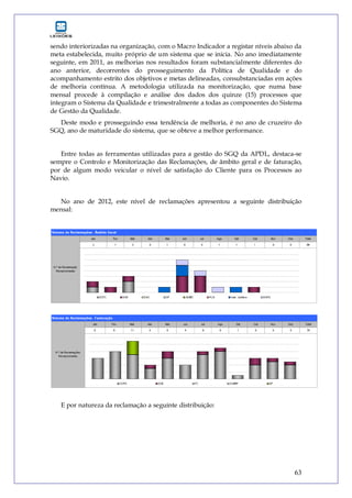 63
sendo interiorizadas na organização, com o Macro Indicador a registar níveis abaixo da
meta estabelecida, muito próprio de um sistema que se inicia. No ano imediatamente
seguinte, em 2011, as melhorias nos resultados foram substancialmente diferentes do
ano anterior, decorrentes do prosseguimento da Política de Qualidade e do
acompanhamento estrito dos objetivos e metas delineadas, consubstanciadas em ações
de melhoria contínua. A metodologia utilizada na monitorização, que numa base
mensal procede à compilação e análise dos dados dos quinze (15) processos que
integram o Sistema da Qualidade e trimestralmente a todas as componentes do Sistema
de Gestão da Qualidade.
Deste modo e prosseguindo essa tendência de melhoria, é no ano de cruzeiro do
SGQ, ano de maturidade do sistema, que se obteve a melhor performance.
Entre todas as ferramentas utilizadas para a gestão do SGQ da APDL, destaca-se
sempre o Controlo e Monitorização das Reclamações, de âmbito geral e de faturação,
por de algum modo veicular o nível de satisfação do Cliente para os Processos ao
Navio.
No ano de 2012, este nível de reclamações apresentou a seguinte distribuição
mensal:
E por natureza da reclamação a seguinte distribuição:
 