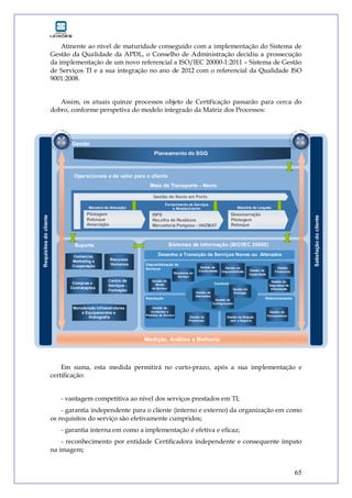 65
Atinente ao nível de maturidade conseguido com a implementação do Sistema de
Gestão da Qualidade da APDL, o Conselho de Administração decidiu a prossecução
da implementação de um novo referencial a ISO/IEC 20000-1:2011 – Sistema de Gestão
de Serviços TI e a sua integração no ano de 2012 com o referencial da Qualidade ISO
9001:2008.
Assim, os atuais quinze processos objeto de Certificação passarão para cerca do
dobro, conforme perspetiva do modelo integrado da Matriz dos Processos:
Gestão
Operacionais e de valor para o cliente
Suporte
Satisfaçãodocliente
Requisitosdocliente
Medição, Análise e Melhoria
A
C
P
D
Meio de Transporte - Navio
ISPS
Recolha de Resíduos
Mercadoria Perigosa - HAZMAT
Pilotagem
Reboque
Amarração
Desamarração
Pilotagem
Reboque
Manobra de Atracação Manobra de Largada
Fornecimento de Serviços
e Abastecimento
Planeamento do SGQ
Comercial,
Marketing e
Cooperação
Recursos
Humanos
Compras e
Contratações
Manutenção Infraestruturas
e Equipamentos e
Hidrografia
Centro de
Serviços -
Formação
Gestão do Navio em Porto
Sistemas de Informação (ISO/IEC 20000)
A
C
P
D
Gestão de
Incidentes e
Pedidos de Serviço
Gestão de
Problemas
Gestão de
FornecedoresGestão da Relação
com o Negócio
Gestão de
Alterações
Gestão de
Configurações
Gestão de
Entregas
Gestão de
Níveis
de Serviço
Relatórios de
Serviço
Gestão da
Continuidade
Gestão da
Disponibilidade Gestão da
Capacidade
Gestão da
Segurança de
Informação
Gestão
Financeira
Desenho e Transição de Serviços Novos ou Alterados
Disponibilização de
Serviços
Controlo
Resolução Relacionamento
Em suma, esta medida permitirá no curto-prazo, após a sua implementação e
certificação:
- vantagem competitiva ao nível dos serviços prestados em TI;
- garantia independente para o cliente (interno e externo) da organização em como
os requisitos do serviço são efetivamente cumpridos;
- garantia interna em como a implementação é efetiva e eficaz;
- reconhecimento por entidade Certificadora independente e consequente impato
na imagem;
 