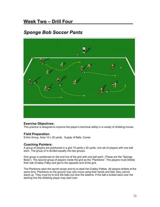 12 
Week Two – Drill Four______________ ________ 
Sponge Bob Soccer Pants 
Exercise Objectives: 
This practice is designed to improve the player’s technical ability in a variety of dribbling moves. 
Field Preparation 
Entire Group, Area 10 x 20 yards, Supply of Balls, Cones 
Coaching Pointers: 
A group of players are positioned in a grid 10 yards x 20 yards, one set of players with one ball 
each. The group of is divided equally into two groups. 
One group is positioned on the end line of the grid with one ball each. (These are the “Sponge 
Bobs”). The second group of players inside the grid as the “Planktons”. The players must dribble 
their ball (Crabby Patty) and get to the opposite end of the grid. 
The Planktons want the secret recipe and try to steal the Crabby Patties. All players dribble at the 
same time. Planktons on the ground may only move using their hands and feet, they cannot 
stand up. They must try to kick the balls out over the sideline. If the ball is kicked back over the 
starting line the dribbling player may start over. 
 