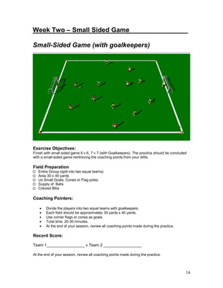 Week Two – Small Sided Game_______ ________ 
Small-Sided Game (with goalkeepers) 
Exercise Objectives: 
Finish with small sided game 6 v 6, 7 v 7 (with Goalkeepers). The practice should be concluded 
with a small-sided game reinforcing the coaching points from your drills. 
Field Preparation 
14 
Entire Group (split into two equal teams) 
Area 30 x 40 yards 
Us Small Goals, Cones or Flag poles 
Supply of Balls 
Colored Bibs 
Coaching Pointers: 
· Divide the players into two equal teams with goalkeepers. 
· Each field should be approximately 30 yards x 40 yards. 
· Use corner flags or cones as goals. 
· Total time, 20-30 minutes. 
· At the end of your session, review all coaching points made during the practice. 
Record Score: 
Team 1_________________ v Team 2 _________________ 
At the end of your session, review all coaching points made during the practice. 
 
