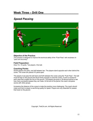 Week Three – Drill One_______________________ 
Speed Passing 
Objective of the Practice: 
This practice is designed to improve the technical ability of the “Push Pass” with emphasis on 
"pace and accuracy". 
Field Preparation: 
Area 10 x 10 yards. Two players. One ball. 
Coaching Points: 
Divide players into pairs, one ball between two. The players stand opposite each other behind the 
cones. The cones are placed 4-5 yards apart. 
The players must pass the ball back and forth between the cones using the “Push Pass”. The ball 
must be kept on the ground and struck firmly enough to cross the cones. A point is scored for 
each pass that crosses the line on the ground. The players are given a 30-second period to see 
how many successful passes they can make. At the end of the period, the coach compares 
scores with other groups. 
Increasing the distance of the cones to make the practice more challenging. The coach should 
make sure that no player is sacrificing quality for speed. Players are only rewarded for passes 
that travel on the ground. 
15 
Copyright, TheICA.com, All Rights Reserved 
 