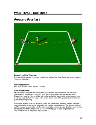 Week Three – Drill Three______________________ 
Pressure Passing 1 
Objective of the Practice: 
This practice is designed to improve the technical ability of the “Push Pass” with an emphasis on 
“pace and accuracy”. 
Field Preparation: 
Area 10 x 10 yards. Three players. Two balls. 
Coaching Points: 
Two servers are positioned each side of the grid. Server's alternate passing the ball to the 
receiver whom passes back "first time", turns quickly and repeats with the opposite side. 
Ensure that the servers do not roll the ball too far, so that the player in the center does not need 
to come to meet the ball. The player in the center should work at full speed and concentrate on 
quality first touch passing. 
If the player working turns to a server for a pass and the server is retrieving the ball, the player 
must continue to run and turn to receive the ball from the opposite server. The player should not 
wait for a server to retrieve the ball. Create a competition between groups. See how many passes 
can be accomplished in 60 seconds, or who is the first player to reach 20 good passes. 
Only passes made on the ground are countable. 
17 
 
