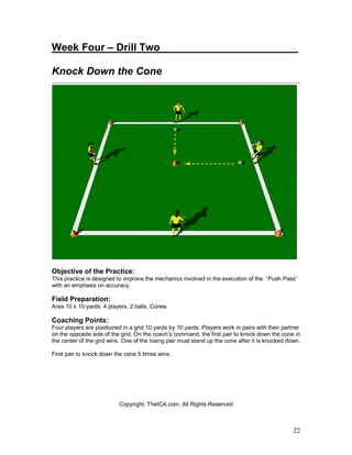 Week Four – Drill Two________________________ 
Knock Down the Cone 
Objective of the Practice: 
This practice is designed to improve the mechanics involved in the execution of the “Push Pass” 
with an emphasis on accuracy. 
Field Preparation: 
Area 10 x 10 yards. 4 players. 2 balls. Cones. 
Coaching Points: 
Four players are positioned in a grid 10 yards by 10 yards. Players work in pairs with their partner 
on the opposite side of the grid. On the coach’s command, the first pair to knock down the cone in 
the center of the grid wins. One of the losing pair must stand up the cone after it is knocked down. 
First pair to knock down the cone 5 times wins. 
22 
Copyright, TheICA.com, All Rights Reserved 
 