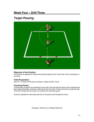 Week Four – Drill Three_______________________ 
Target Passing 
Objective of the Practice: 
This practice is designed to improve the technical ability of the “Push Pass” with an emphasis on 
accuracy. 
Field Preparation: 
Area 10 x 10 yards. Small group of players. Supply of balls. Cones. 
Coaching Points: 
A small group of players are positioned at one side of the grid with the server at the opposite side. 
Each player alternates receiving a rolled pass from the server. Players should try to pass the ball 
“first time” through the two cones, turn and join the end of the group. 
A point is awarded for each pass returned on the ground and through the cones. 
23 
Copyright, TheICA.com, All Rights Reserved 
 