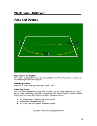 Week Four – Drill Four______________ ________ 
Pass and Overlap 
Objective of the Practice: 
This practice is designed to improve the technical ability of the “Push Pass” with an emphasis on 
an overlapping run after making a pass. 
Field Preparation: 
Area 10 x 20 yards. Small group of players. 1 ball. Cones. 
Coaching Points: 
Two groups are positioned at opposite sides of the grid. The first player passes the ball through 
the two center cones to the player at the opposite side. After passing the ball, the player makes a 
fast supporting run around the side cone and joins the opposite group. 
24 
· Encourage players to keep the ball on the ground. 
· Move quickly after passing the ball. 
· Try to play "one touch" passes whenever possible. 
Copyright, TheICA.com, All Rights Reserved 
 