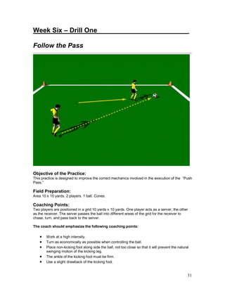 Week Six – Drill One_________________________ 
Follow the Pass 
Objective of the Practice: 
This practice is designed to improve the correct mechanics involved in the execution of the “Push 
Pass.” 
Field Preparation: 
Area 10 x 10 yards. 2 players. 1 ball. Cones. 
Coaching Points: 
Two players are positioned in a grid 10 yards x 10 yards. One player acts as a server, the other 
as the receiver. The server passes the ball into different areas of the grid for the receiver to 
chase, turn, and pass back to the server. 
The coach should emphasize the following coaching points: 
· Work at a high intensity. 
· Turn as economically as possible when controlling the ball. 
· Place non-kicking foot along side the ball, not too close so that it will prevent the natural 
31 
swinging motion of the kicking leg. 
· The ankle of the kicking foot must be firm. 
· Use a slight drawback of the kicking foot. 
 
