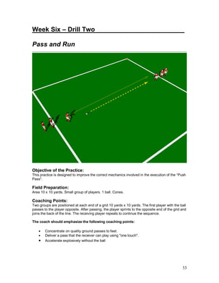 Week Six – Drill Two_________________________ 
Pass and Run 
Objective of the Practice: 
This practice is designed to improve the correct mechanics involved in the execution of the “Push 
Pass". 
Field Preparation: 
Area 10 x 10 yards. Small group of players. 1 ball. Cones. 
Coaching Points: 
Two groups are positioned at each end of a grid 10 yards x 10 yards. The first player with the ball 
passes to the player opposite. After passing, the player sprints to the opposite end of the grid and 
joins the back of the line. The receiving player repeats to continue the sequence. 
The coach should emphasize the following coaching points: 
33 
· Concentrate on quality ground passes to feet. 
· Deliver a pass that the receiver can play using "one touch". 
· Accelerate explosively without the ball 
 