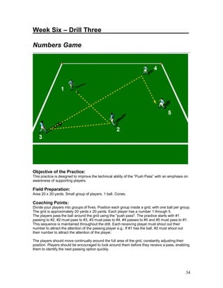 Week Six – Drill Three________________________ 
Numbers Game 
Objective of the Practice: 
This practice is designed to improve the technical ability of the “Push Pass” with an emphasis on 
awareness of supporting players. 
Field Preparation: 
Area 20 x 20 yards. Small group of players. 1 ball. Cones. 
Coaching Points: 
Divide your players into groups of fives. Position each group inside a grid, with one ball per group. 
The grid is approximately 20 yards x 20 yards. Each player has a number 1 through 5. 
The players pass the ball around the grid using the "push pass". The practice starts with #1 
passing to #2, #2 must pass to #3, #3 must pass to #4, #4 passes to #5 and #5 must pass to #1. 
This sequence is maintained throughout the drill. Each receiving player must shout out their 
number to attract the attention of the passing player e.g.: If #1 has the ball, #2 must shout out 
their number to attract the attention of the player. 
The players should move continually around the full area of the grid, constantly adjusting their 
position. Players should be encouraged to look around them before they receive a pass, enabling 
them to identify the next passing option quickly. 
34 
 