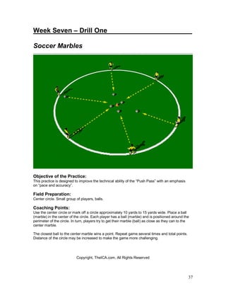 Week Seven – Drill One_______________________ 
Soccer Marbles 
Objective of the Practice: 
This practice is designed to improve the technical ability of the “Push Pass” with an emphasis 
on “pace and accuracy”. 
Field Preparation: 
Center circle. Small group of players, balls. 
Coaching Points: 
Use the center circle or mark off a circle approximately 10 yards to 15 yards wide. Place a ball 
(marble) in the center of the circle. Each player has a ball (marble) and is positioned around the 
perimeter of the circle. In turn, players try to get their marble (ball) as close as they can to the 
center marble. 
The closest ball to the center marble wins a point. Repeat game several times and total points. 
Distance of the circle may be increased to make the game more challenging. 
37 
Copyright, TheICA.com, All Rights Reserved 
 