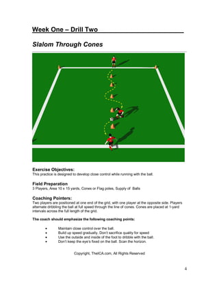 4 
Week One – Drill Two________________________ 
Slalom Through Cones 
Exercise Objectives: 
This practice is designed to develop close control while running with the ball. 
Field Preparation 
3 Players, Area 10 x 15 yards, Cones or Flag poles, Supply of Balls 
Coaching Pointers: 
Two players are positioned at one end of the grid, with one player at the opposite side. Players 
alternate dribbling the ball at full speed through the line of cones. Cones are placed at 1-yard 
intervals across the full length of the grid. 
The coach should emphasize the following coaching points: 
· Maintain close control over the ball. 
· Build up speed gradually. Don’t sacrifice quality for speed 
· Use the outside and inside of the foot to dribble with the ball. 
· Don’t keep the eye’s fixed on the ball. Scan the horizon. 
Copyright, TheICA.com, All Rights Reserved 
 