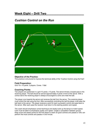 Week Eight – Drill Two_______________________ 
Cushion Control on the Run 
Objective of the Practice: 
This practice is structured to improve the technical ability of the “Cushion Control using the Feet”. 
Field Preparation: 
Grid 10 x 10 yards. 2 players. Cones. 1 Ball. 
Coaching Points: 
Two players are positioned in a grid 10 yards x 10 yards. The server throws a looped pass to the 
receiving player. The ball should be served approximately 5 yards in front of the server. With a 
correct serve the receiving player is always encouraged to come and meet the ball. 
The player runs towards the server and receives the ball from the server. The receiving player 
must control the ball using the foot. After successfully controlling the ball the player must pass the 
ball back to the server. The player receives a point for each successful control and pass back to 
the server. After each pass the receiver must return to the starting position and repeat. 
The coach should emphasize correct technique and slowly build up the tempo to match speed. 
Care must be taken to emphasize quality over speed. Create a competition between groups. 
Keep score and award points for the first player to reach 20 good controls and passes or who can 
perform the most controls and passes in one minute. 
43 
 