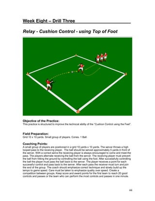 Week Eight – Drill Three______________________ 
Relay - Cushion Control - using Top of Foot 
Objective of the Practice: 
This practice is structured to improve the technical ability of the “Cushion Control using the Feet”. 
Field Preparation: 
Grid 10 x 10 yards. Small group of players. Cones. 1 Ball. 
Coaching Points: 
A small group of players are positioned in a grid 10 yards x 10 yards. The server throws a high 
looped pass to the receiving player. The ball should be served approximately 5 yards in front of 
the server. With a correct serve the receiving player is always encouraged to come and meet the 
pass. The players alternate receiving the ball from the server. The receiving player must prevent 
the ball from hitting the ground by controlling the ball using the foot. After successfully controlling 
the ball the player must pass the ball back to the server. The player receives a point for each 
successful control and pass back to the server. After each pass the receiver must turn and join 
the end of the group. The coach should emphasize correct technique and slowly build up the 
tempo to game speed. Care must be taken to emphasize quality over speed. Create a 
competition between groups. Keep score and award points for the first team to reach 20 good 
controls and passes or the team who can perform the most controls and passes in one minute. 
44 
 
