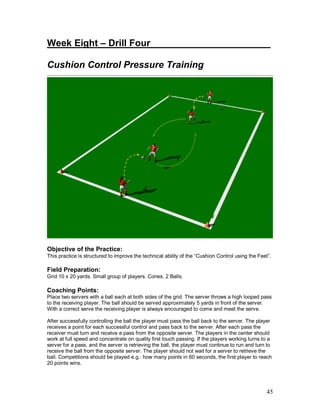 Week Eight – Drill Four_____________ _________ 
Cushion Control Pressure Training 
Objective of the Practice: 
This practice is structured to improve the technical ability of the “Cushion Control using the Feet”. 
Field Preparation: 
Grid 10 x 20 yards. Small group of players. Cones. 2 Balls. 
Coaching Points: 
Place two servers with a ball each at both sides of the grid. The server throws a high looped pass 
to the receiving player. The ball should be served approximately 5 yards in front of the server. 
With a correct serve the receiving player is always encouraged to come and meet the serve. 
After successfully controlling the ball the player must pass the ball back to the server. The player 
receives a point for each successful control and pass back to the server. After each pass the 
receiver must turn and receive a pass from the opposite server. The players in the center should 
work at full speed and concentrate on quality first touch passing. If the players working turns to a 
server for a pass, and the server is retrieving the ball, the player must continue to run and turn to 
receive the ball from the opposite server. The player should not wait for a server to retrieve the 
ball. Competitions should be played e.g.: how many points in 60 seconds, the first player to reach 
20 points wins. 
45 
 