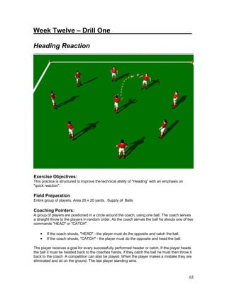 Week Twelve – Drill One______________________ 
Heading Reaction 
Exercise Objectives: 
This practice is structured to improve the technical ability of "Heading” with an emphasis on 
"quick reaction". 
Field Preparation 
Entire group of players, Area 20 x 20 yards, Supply of Balls 
Coaching Pointers: 
A group of players are positioned in a circle around the coach, using one ball. The coach serves 
a straight throw to the players in random order. As the coach serves the ball he shouts one of two 
commands "HEAD" or "CATCH". 
65 
· If the coach shouts, "HEAD" - the player must do the opposite and catch the ball. 
· If the coach shouts, "CATCH" - the player must do the opposite and head the ball. 
The player receives a goal for every successfully performed header or catch. If the player heads 
the ball it must be headed back to the coaches hands, if they catch the ball he must then throw it 
back to the coach. A competition can also be played. When the player makes a mistake they are 
eliminated and sit on the ground. The last player standing wins. 
 