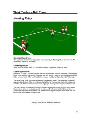 Week Twelve – Drill Three_____________________ 
Heading Relay 
Exercise Objectives: 
This practice is structured to improve the technical ability of "Heading" the ball on the run. An 
emphasis is placed on "accuracy". 
Field Preparation 
Small group of players, Area 10 x 10 yards, Cones or Flag poles, Supply of Balls. 
Coaching Pointers: 
In an area 10 yards x 10 yards, players alternate receiving the ball from the server. The receiving 
player must head the ball back to the server and only scores a point for each header played back 
to the servers hands. After each header the receiver must turn and join the end of the group. 
The server must throw a high looped serve to the receiving player. The ball should be served 
approximately 5 yards. If the server throws the ball too far the receiving player will not come to 
meet the ball. With a correct serve the receiving player is always encouraged to attack the ball. 
The coach should emphasize correct technique and slowly build up the tempo to game speed. 
Care must be taken to emphasize quality over speed. Create a competition between teams. 
Keep score and award points for the first team to reach 20 good headers or the team who can 
perform the most headers in one minute. 
68 
Copyright, TheICA.com, All Rights Reserved 
 
