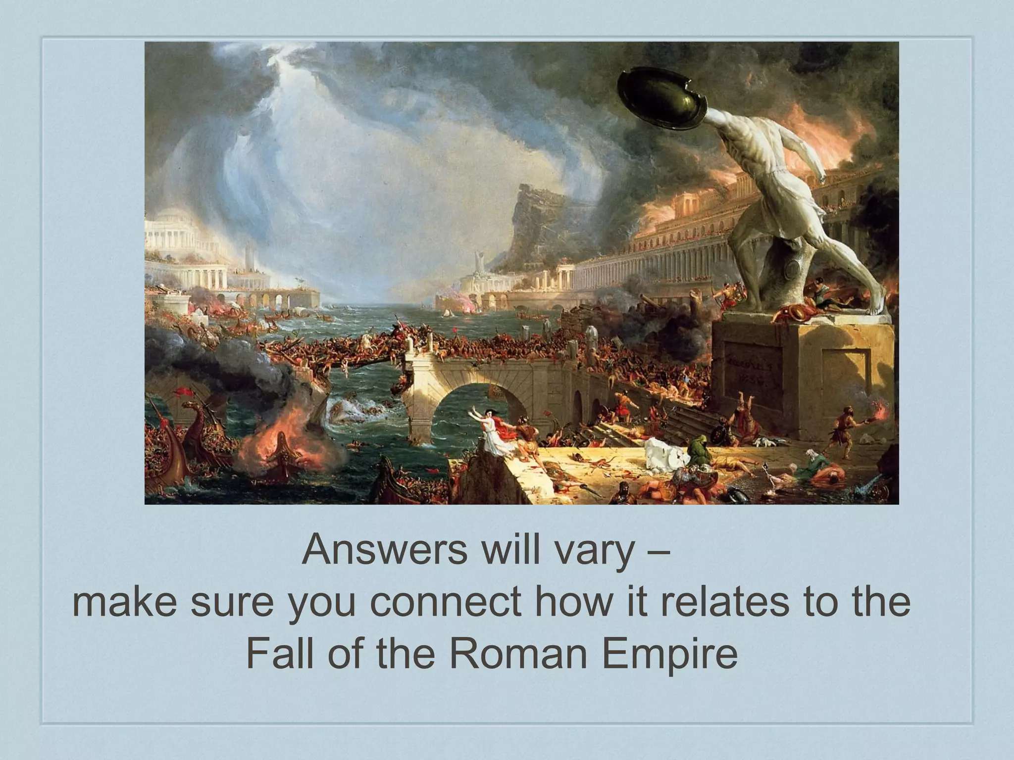 Answers will vary – 
make sure you connect how it relates to the 
Fall of the Roman Empire 
 