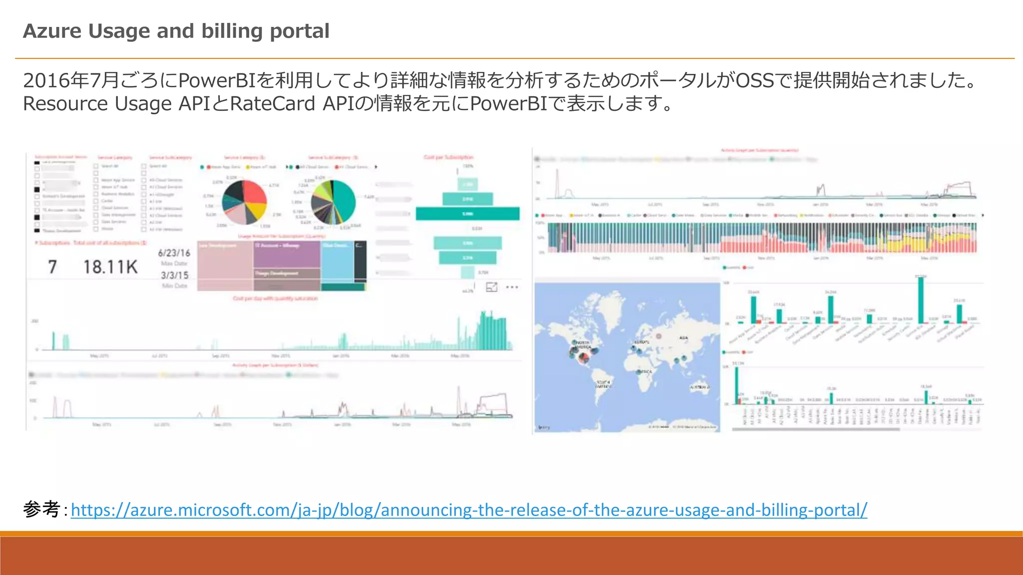 Azure Usage and billing portal
参考：https://azure.microsoft.com/ja-jp/blog/announcing-the-release-of-the-azure-usage-and-billing-portal/
2016年7月ごろにPowerBIを利用してより詳細な情報を分析するためのポータルがOSSで提供開始されました。
Resource Usage APIとRateCard APIの情報を元にPowerBIで表示します。
 