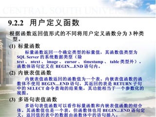 9.2.2  用户定义函数 根据函数返回值形式的不同将用户定义函数分为 3 种类型。 (1)  标量函数 标量函数返回一个确定类型的标量值，其函数值类型为 SQL Server 的系统数据类型（除 text 、 ntext 、 image 、 cursor 、 timestamp 、 table 类型外）。函数体语句定义在 BEGIN…END 语句内。 (2)  内嵌表值函数 内嵌表值函数返回的函数值为一个表。内嵌表值函数的函数体不使用 BEGIN…END 语句，其返回的表是 RETURN 子句中的 SELECT 命令查询的结果集，其功能相当于一个参数化的视图。 (3)  多语句表值函数 多语句表值函数可以看作标量函数和内嵌表值函数的结合体。其函数值也是一个表，但函数体也用 BEGIN…END 语句定义，返回值的表中的数据由函数体中的语句插入。 9.2  函  数 