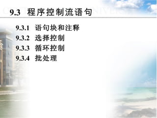 9.3  程序控制流语句 9.3.1  语句块和注释 9.3.2  选择控制 9.3.3  循环控制 9.3.4  批处理 