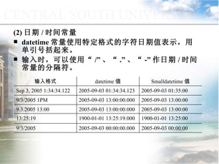(2) 日期 / 时间常量 datetime 常量使用特定格式的字符日期值表示，用单引号括起来。 输入时，可以使用“ /” 、“ .” 、“ -” 作日期 / 时间常量的分隔符。  9.1.2  常量与变量 2005-09-03 00:00:00 2005-09-03 00:00:00.000 9/3/2005 1900-01-01 13:25:00 1900-01-01 13:25:19.000 13:25:19 2005-09-03 13:00:00 2005-09-03 13:00:00.000 9.3.2005 13:00 2005-09-03 13:00:00 2005-09-03 13:00:00.000 9/3/2005 1PM 2005-09-03 01:35:00 2005-09-03 01:34:34.123 Sep 3, 2005 1:34:34.122 Smalldatetime 值 datetime 值 输入格式 
