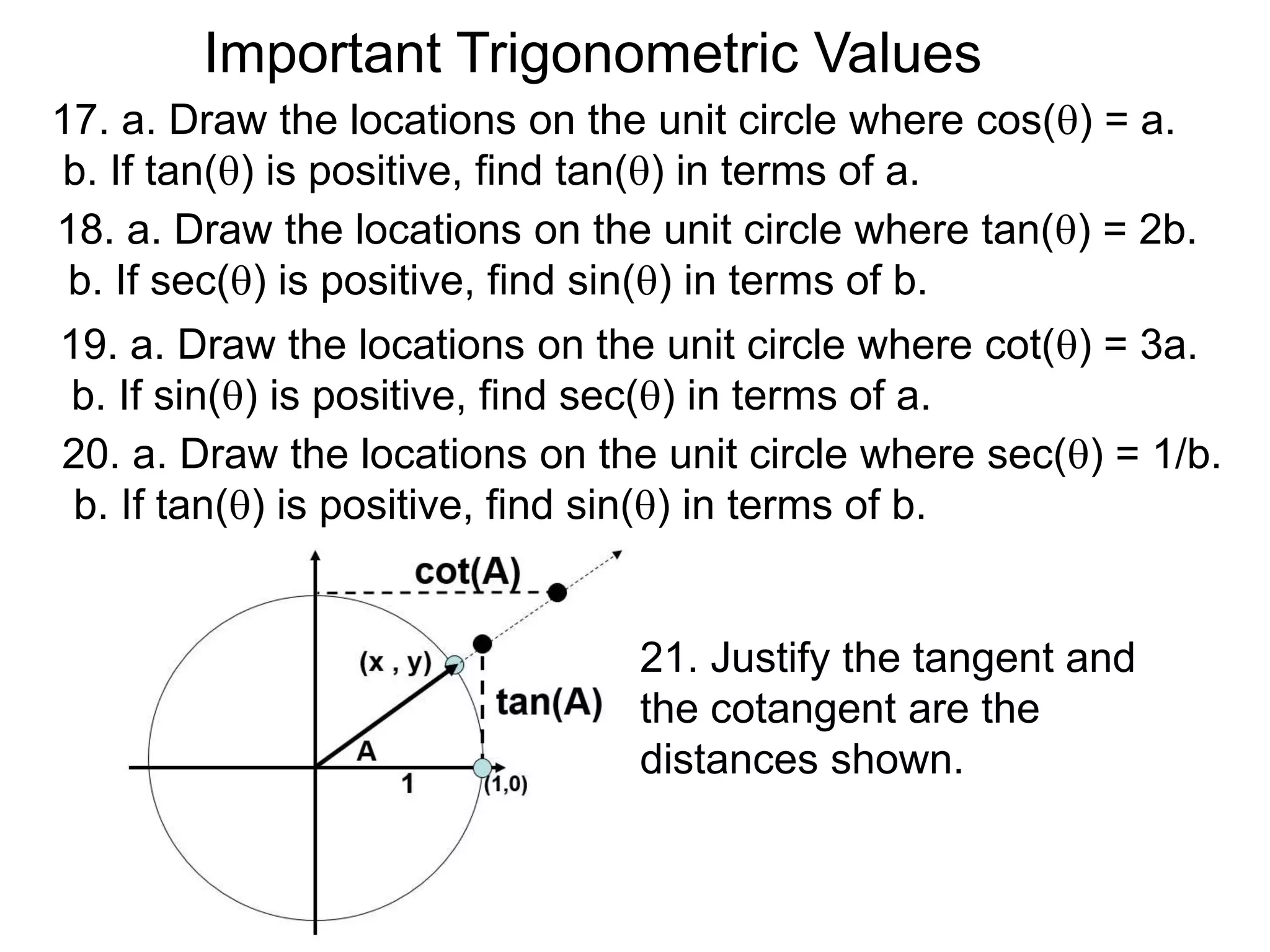 Important Trigonometric Values
17. a. Draw the locations on the unit circle where cos() = a.
b. If tan() is positive, find tan() in terms of a.
18. a. Draw the locations on the unit circle where tan() = 2b.
b. If sec() is positive, find sin() in terms of b.
19. a. Draw the locations on the unit circle where cot() = 3a.
b. If sin() is positive, find sec() in terms of a.
20. a. Draw the locations on the unit circle where sec() = 1/b.
b. If tan() is positive, find sin() in terms of b.
21. Justify the tangent and
the cotangent are the
distances shown.
 