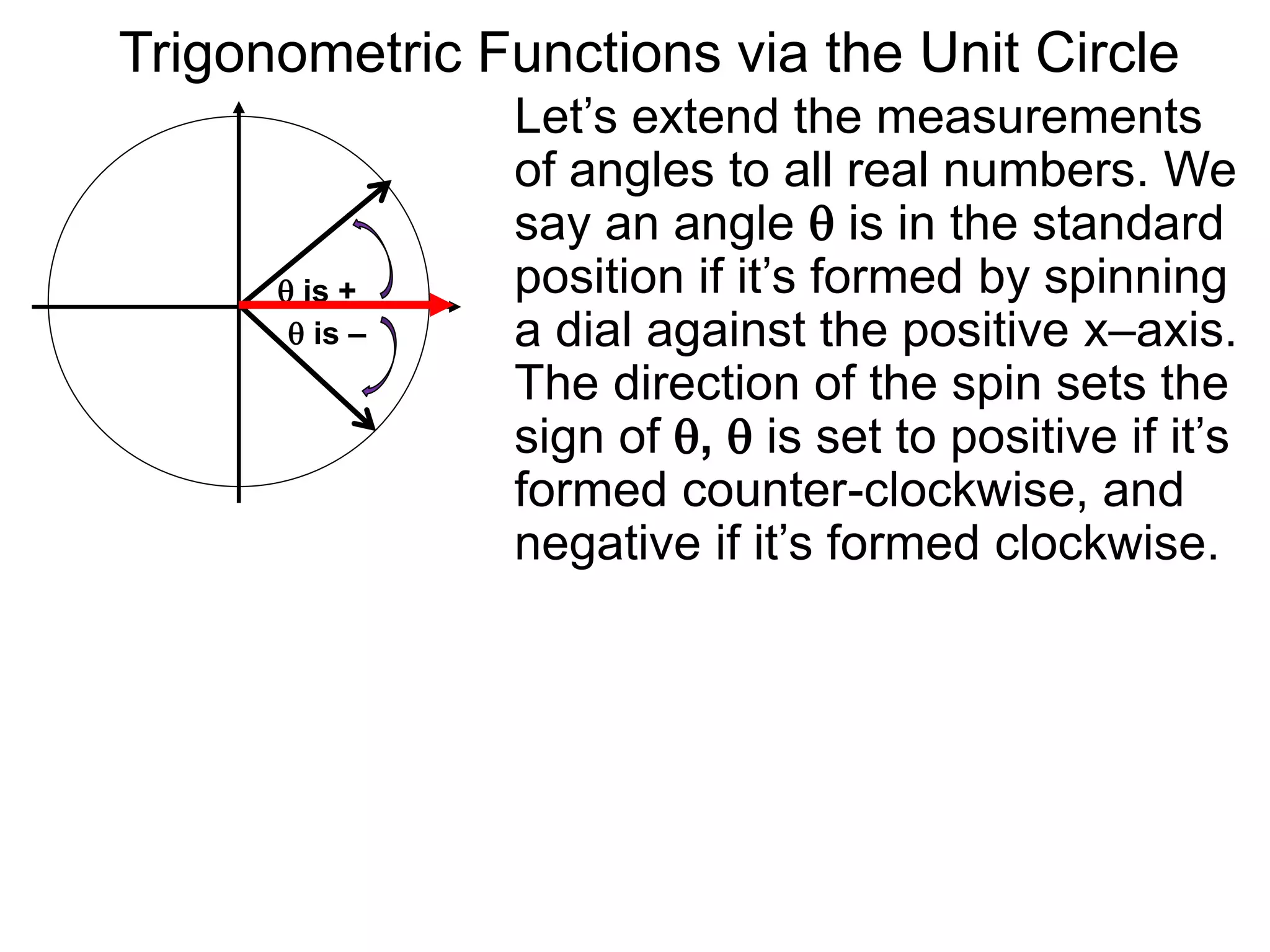 Let’s extend the measurements
of angles to all real numbers. We
say an angle  is in the standard
position if it’s formed by spinning
a dial against the positive x–axis.
The direction of the spin sets the
sign of ,  is set to positive if it’s
formed counter-clockwise, and
negative if it’s formed clockwise.
 is +
 is –
Trigonometric Functions via the Unit Circle
 