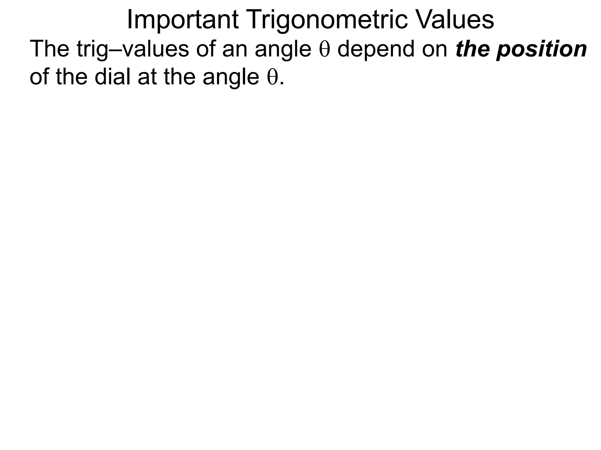 Important Trigonometric Values
The trig–values of an angle  depend on the position
of the dial at the angle .
 
