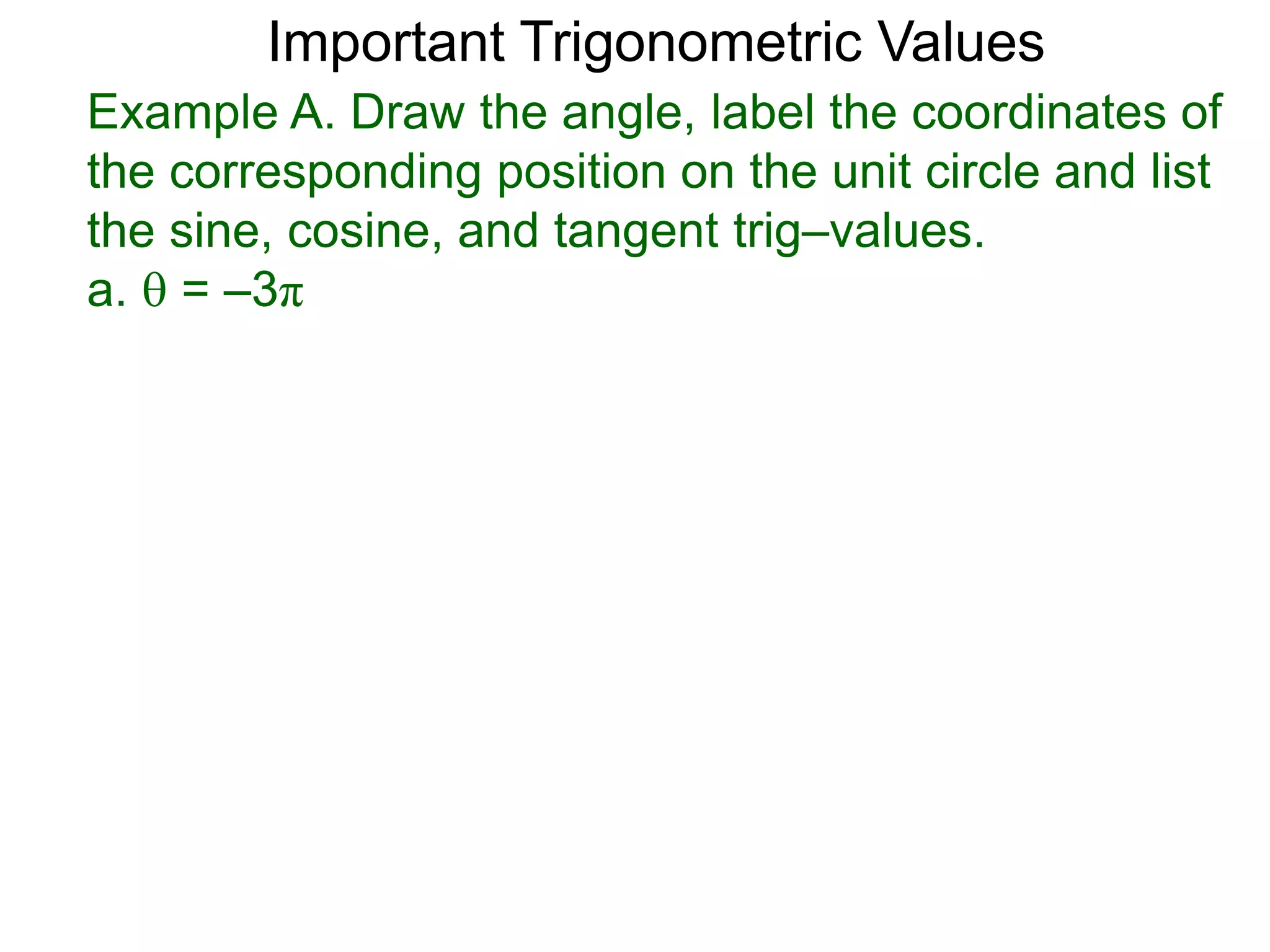 Example A. Draw the angle, label the coordinates of
the corresponding position on the unit circle and list
the sine, cosine, and tangent trig–values.
a.  = –3π
Important Trigonometric Values
 
