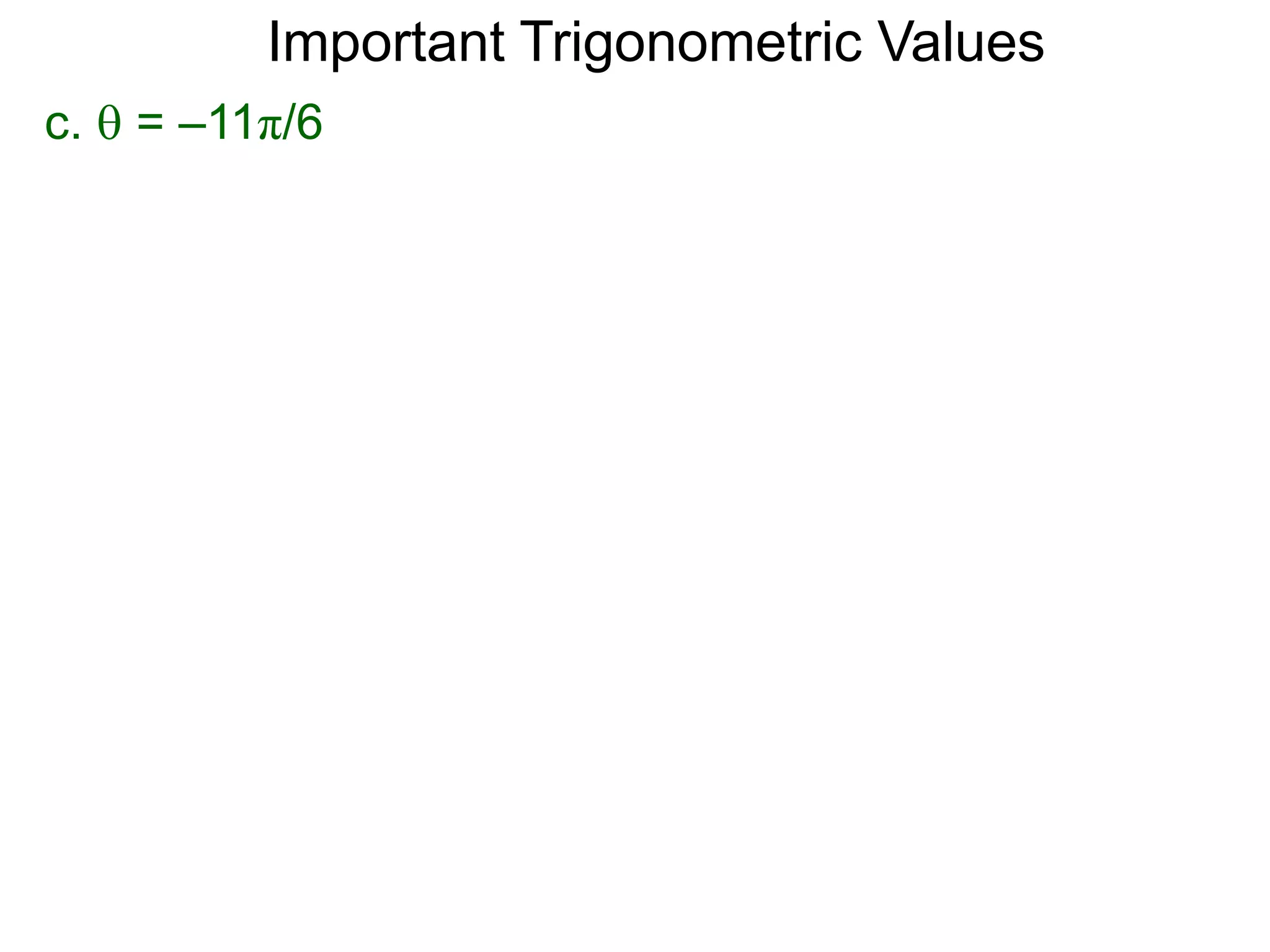 c.  = –11π/6
Important Trigonometric Values
 