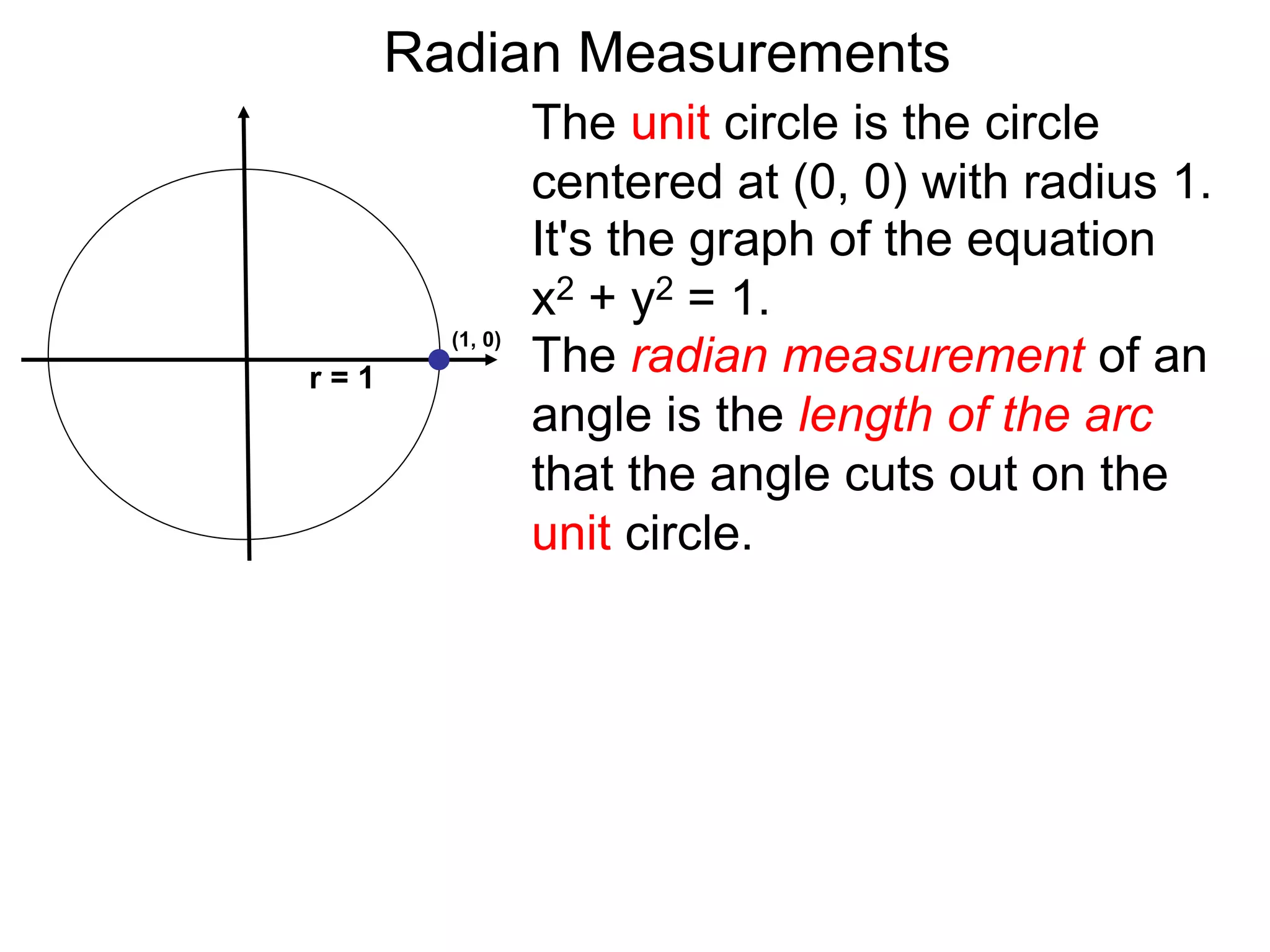 The radian measurement of an
angle is the length of the arc
that the angle cuts out on the
unit circle.
Radian Measurements
The unit circle is the circle
centered at (0, 0) with radius 1.
It's the graph of the equation
x2 + y2 = 1.
r = 1
(1, 0)
 