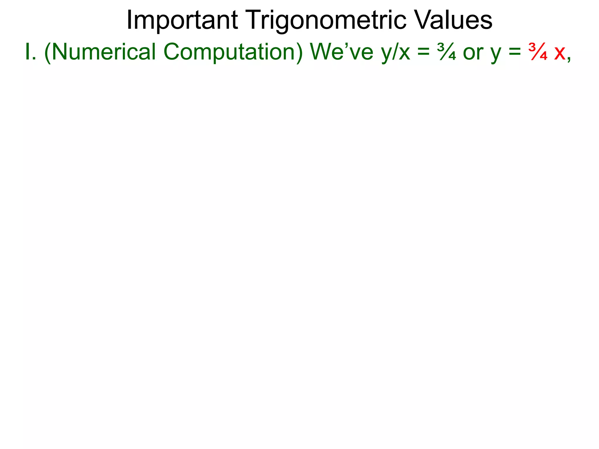 Important Trigonometric Values
I. (Numerical Computation) We’ve y/x = ¾ or y = ¾ x,
 
