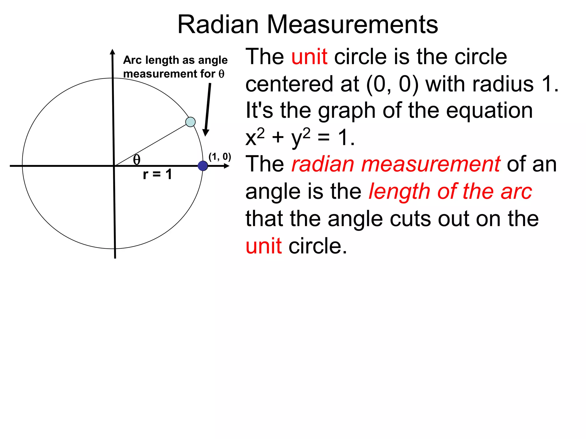 The radian measurement of an
angle is the length of the arc
that the angle cuts out on the
unit circle.
Arc length as angle
measurement for 
Radian Measurements

r = 1
The unit circle is the circle
centered at (0, 0) with radius 1.
It's the graph of the equation
x2 + y2 = 1.
(1, 0)
 