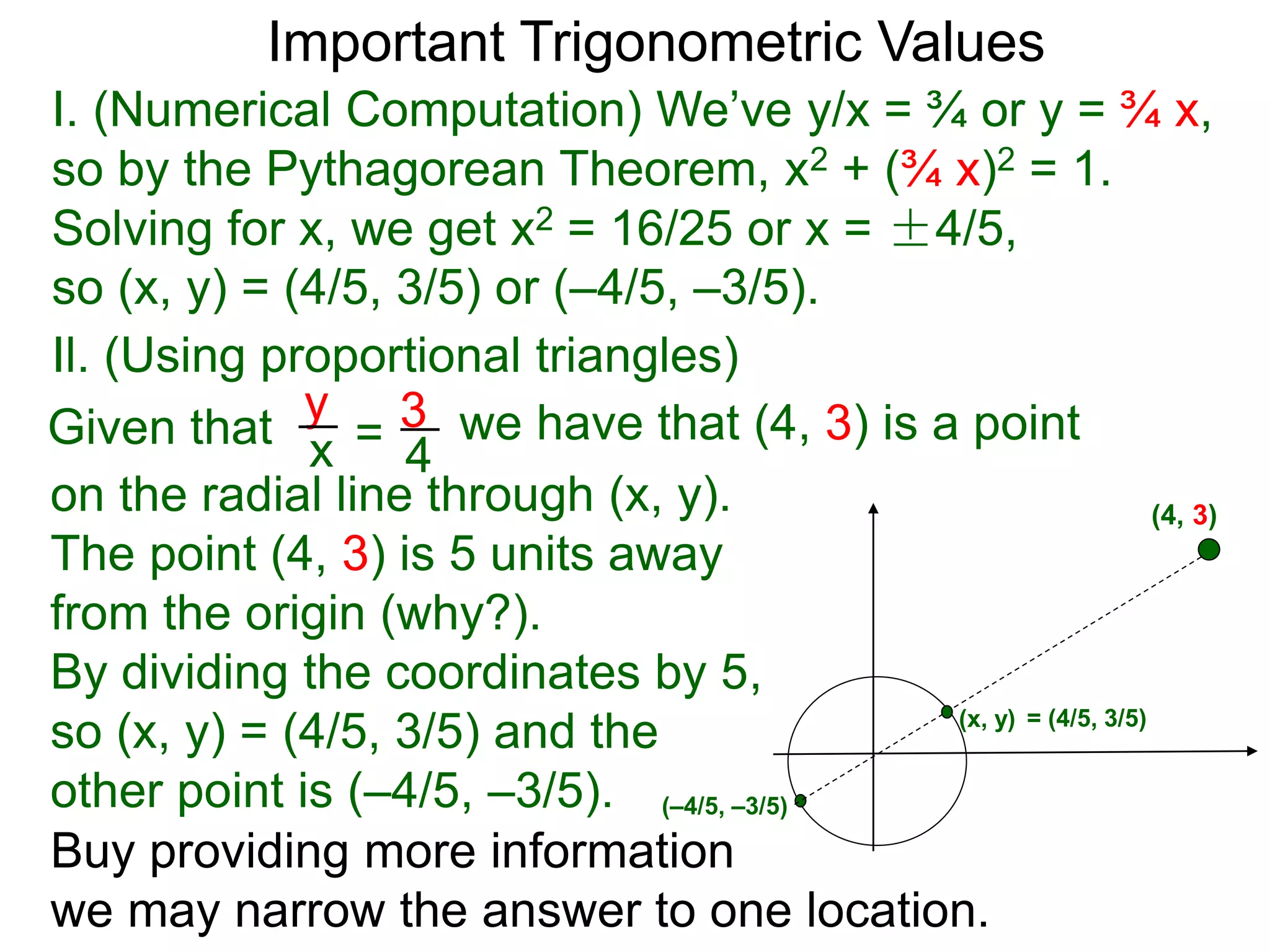 Il. (Using proportional triangles)
Important Trigonometric Values
I. (Numerical Computation) We’ve y/x = ¾ or y = ¾ x,
so by the Pythagorean Theorem, x2 + (¾ x)2 = 1.
Solving for x, we get x2 = 16/25 or x = ±4/5,
so (x, y) = (4/5, 3/5) or (–4/5, –3/5).
Given that
(4, 3)
y
=x 4
3 we have that (4, 3) is a point
on the radial line through (x, y).
The point (4, 3) is 5 units away
from the origin (why?).
By dividing the coordinates by 5,
so (x, y) = (4/5, 3/5) and the
other point is (–4/5, –3/5).
(x, y) = (4/5, 3/5)
(–4/5, –3/5)
Buy providing more information
we may narrow the answer to one location.
 