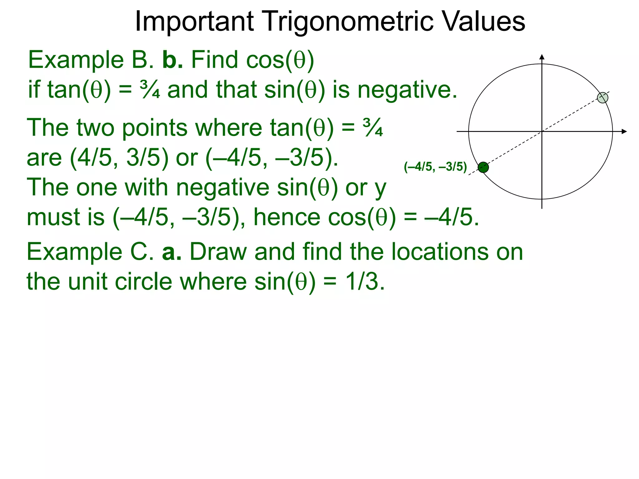 Important Trigonometric Values
Example B. b. Find cos()
if tan() = ¾ and that sin() is negative.
The two points where tan() = ¾
are (4/5, 3/5) or (–4/5, –3/5).
The one with negative sin() or y
must is (–4/5, –3/5), hence cos() = –4/5.
(–4/5, –3/5)
Example C. a. Draw and find the locations on
the unit circle where sin() = 1/3.
 