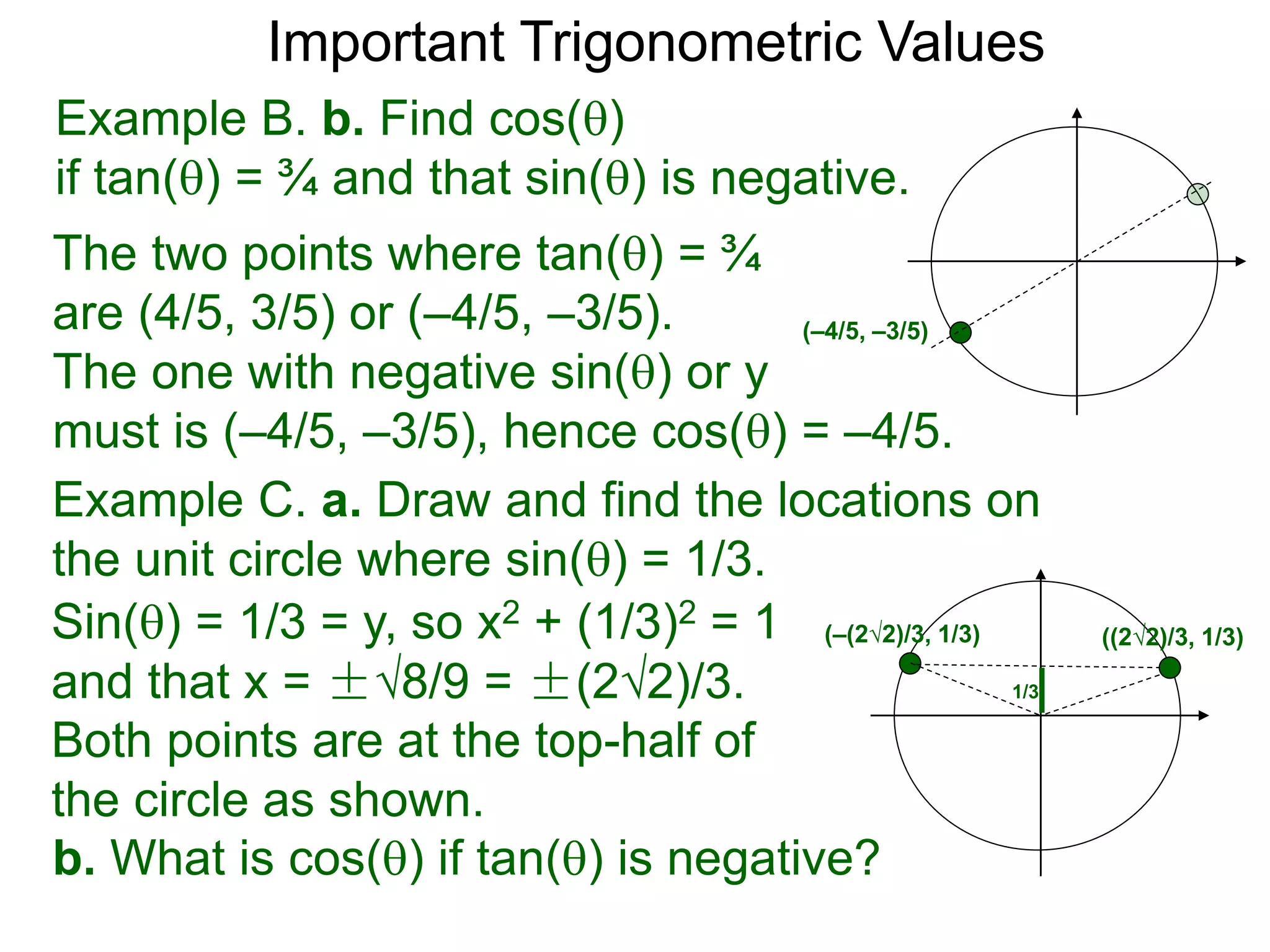 Important Trigonometric Values
Example B. b. Find cos()
if tan() = ¾ and that sin() is negative.
The two points where tan() = ¾
are (4/5, 3/5) or (–4/5, –3/5).
The one with negative sin() or y
must is (–4/5, –3/5), hence cos() = –4/5.
(–4/5, –3/5)
Example C. a. Draw and find the locations on
the unit circle where sin() = 1/3.
Sin() = 1/3 = y, so x2 + (1/3)2 = 1
and that x = ±√8/9 = ±(2√2)/3.
Both points are at the top-half of
the circle as shown.
b. What is cos() if tan() is negative?
1/3
(–(2√2)/3, 1/3) ((2√2)/3, 1/3)
 