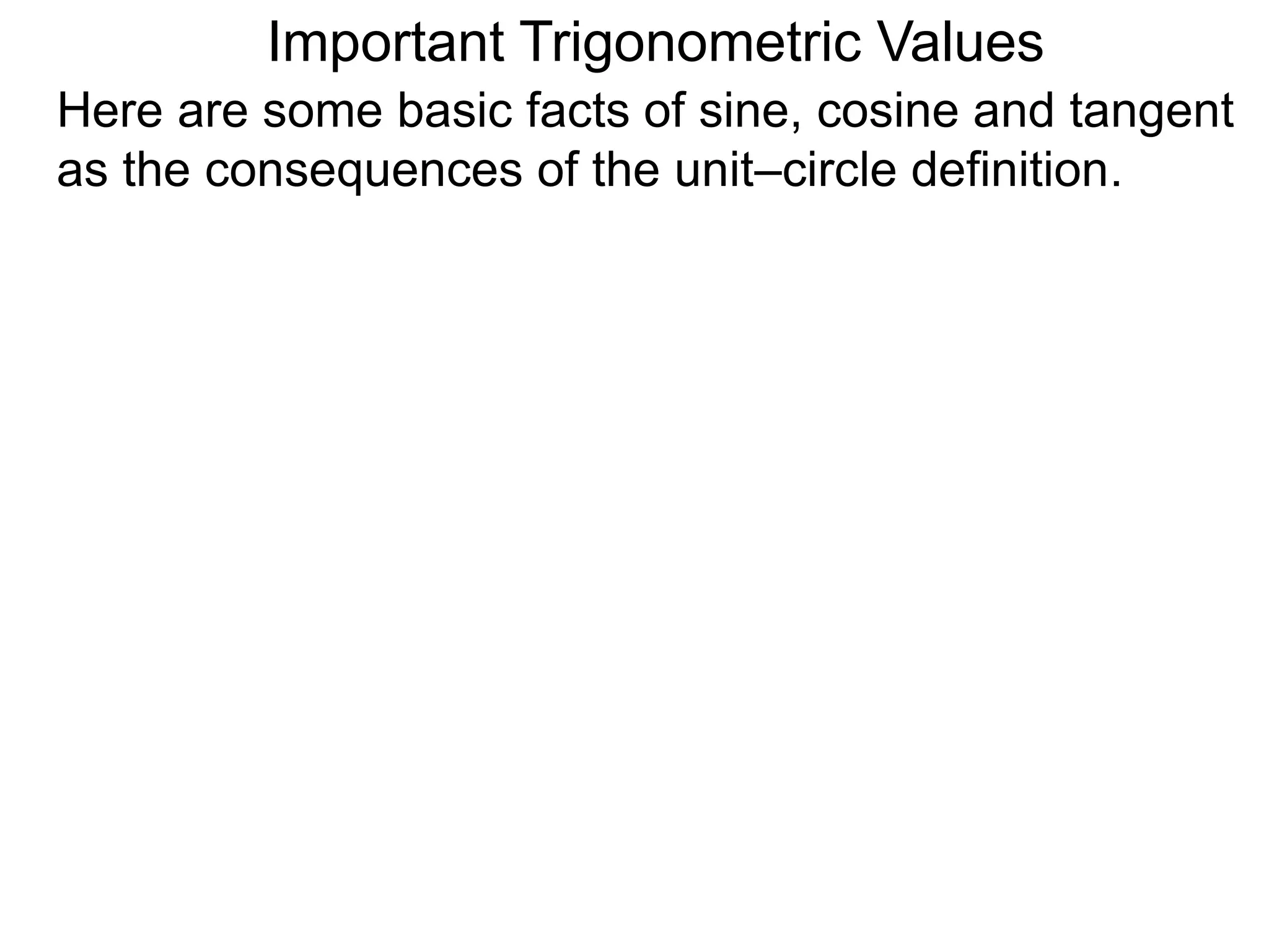 Important Trigonometric Values
Here are some basic facts of sine, cosine and tangent
as the consequences of the unit–circle definition.
 