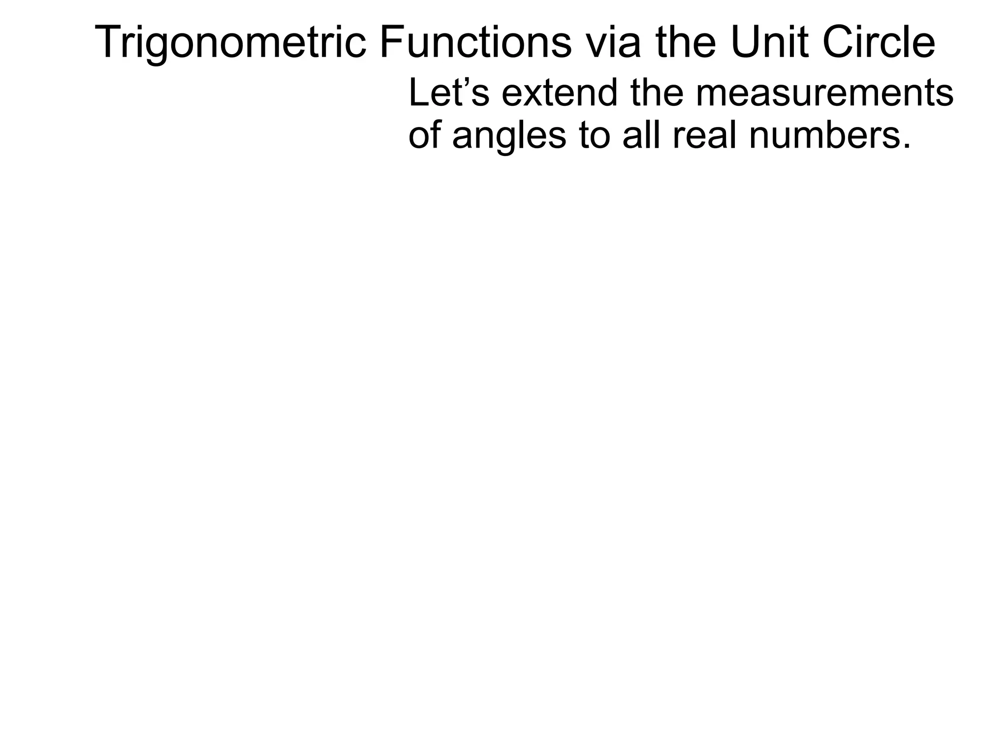 Let’s extend the measurements
of angles to all real numbers.
Trigonometric Functions via the Unit Circle
 
