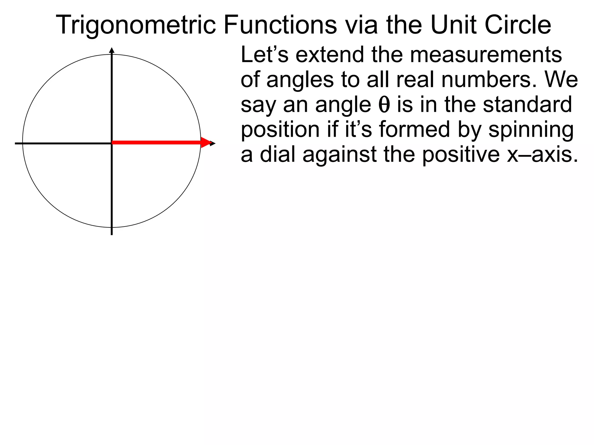Let’s extend the measurements
of angles to all real numbers. We
say an angle  is in the standard
position if it’s formed by spinning
a dial against the positive x–axis.
Trigonometric Functions via the Unit Circle
 