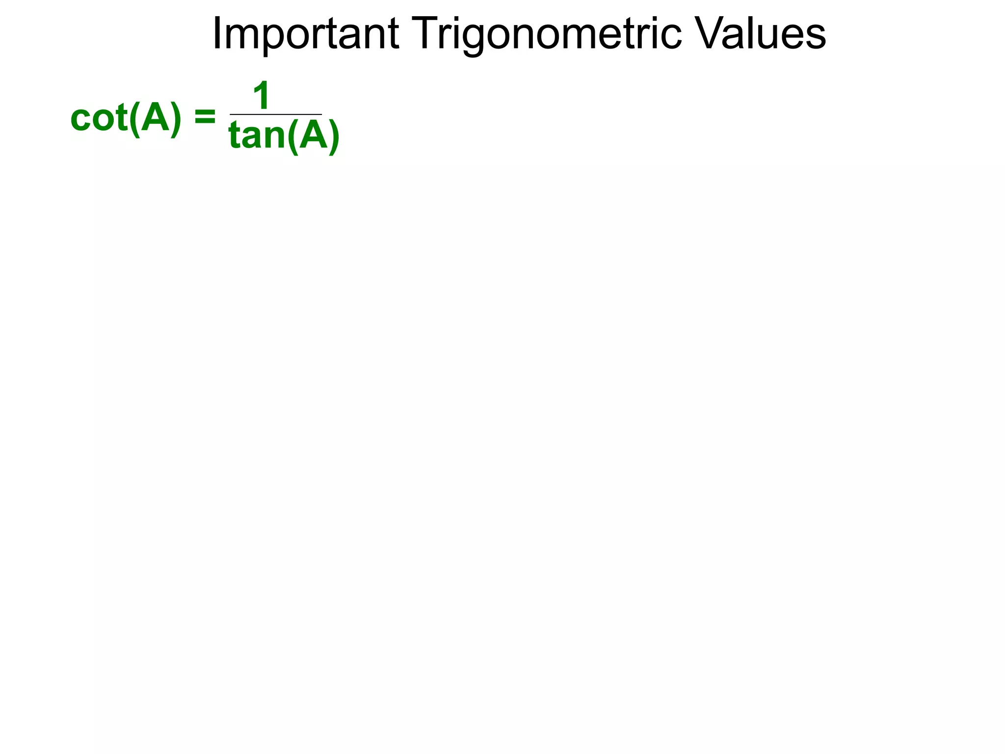 Important Trigonometric Values
tan(A)
1
cot(A) =
 