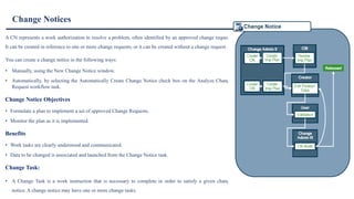 Change Notices
A CN represents a work authorization to resolve a problem, often identified by an approved change request.
It can be created in reference to one or more change requests, or it can be created without a change request.
You can create a change notice in the following ways:
• Manually, using the New Change Notice window.
• Automatically, by selecting the Automatically Create Change Notice check box on the Analyze Change
Request workflow task.
Change Notice Objectives
• Formulate a plan to implement a set of approved Change Requests.
• Monitor the plan as it is implemented.
Benefits
• Work tasks are clearly understood and communicated.
• Data to be changed is associated and launched from the Change Notice task.
Change Task:
• A Change Task is a work instruction that is necessary to complete in order to satisfy a given change
notice. A change notice may have one or more change tasks.
 