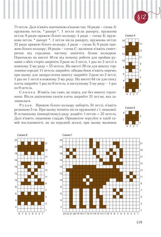 119
§ 12
71 петля. Далі в’яжіть панчішною в’язкою так: 16 рядів – схема А:
пружкова петля, * рапорт *, 1 петля після рапорту, пружкова
петля; 8 рядів пряжею білого кольору; 4 ряди – схема Б: пруж-
кова петля, * рапорт *, 1 петля після рапорту, пружкова петля;
22 ряди пряжею білого кольору; 4 ряди – схема Б; 9 рядів пря-
жею білого кольору; 19 рядів – схема С: малюнок в’яжіть симет-
рично від середини, частину закінчіть білим кольором.
Одночасно на висоті 40 см від початку роботи для пройми ру-
кавів з обох сторін закріпіть 2 рази по 3 петлі, 1 раз по 2 петлі в
кожному 2-му ряду 55 петель. На висоті 59 см для викоту гор-
ловини середні 11 петель закрийте, обидва боки в’яжіть окремо,
при цьому для заокруглення викоту закрийте 2 рази по 2 петлі,
1 раз по 1 петлі в кожному 2-му ряду. На висоті 64 см для скосу
плеча закрийте 1 раз по 8 петель, в наступному 2-му ряду – 1 раз
по 9 петель.
С п и н к а. В’яжіть так само, як перед, але без викоту горло-
вини. Після закінчення скосів плеча закрийте 21 петлю, яка за-
лишилася.
Р у к а в . Пряжею білого кольору наберіть 34 петлі, в’яжіть
резинкою 5 см. При цьому почніть після пружкової з 1 лицьової.
В останньому (виворітному) ряду додайте 1 петлю 35 петель.
Далі в’яжіть лицьовою гладдю. Орнаменти чергуйте в такій са-
мій послідовності, як на передній деталі, при цьому малюнок
16
15
14
13
12
11
10
9
8
7
6
5
4
3
2
1
4 3 2 1
Схема А
22
21
20
19
18
17
16
15
14
13
12
11
10
9
8
7
6
5
4
3
2
1
8 7 6 5 4 3 2 1
Схема В
22
21
20
19
18
17
16
15
14
13
12
11
10
9
8
7
6
5
4
3
2
1
23 22 21 20 19 18 17 16 15 14 13 12 11 10 9 8 7 6 5 4 3 2 1
Схема Г
4
3
2
1
4 3 2 1
Схема Б
 