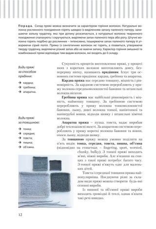 12
П о р а д а. Склад пряжі можна визначити за характером горіння волокон. Натуральні во-
локна рослинного походження горять швидко із виділенням запаху паленого паперу, зали-
шаючи зольну грудочку, яка при дотику розсипається, а натуральні волокна тваринного
походження спалахують і скручуються, виділяючи запах паленого пера або рогу. Штучні во-
локна горять подібно до рослинних – інтенсивно, поширюючи запах паленого паперу й ут-
ворюючи сірий попіл. Пряжа із синтетичних волокон не горить, а плавиться, утворюючи
тверду грудочку, виділяючи різкий запах або не маючи запаху. Характер горіння змішаної та
комбінованої пряжі відповідає тим видам волокон, які входять до її складу.
Види пряжі
за способом
прядіння:
кардна;
гребінна;
апаратна.
Сукупність процесів виготовлення пряжі, у процесі
яких з коротких волокон виготовляють довгу, без-
перервну нитку, називають прядінням. Існує три ос-
новних системи прядіння: кардна, гребінна та апаратна.
Кардна пряжа має середню товщину, міцність і рів-
номірність. За кардною системою переробляють у пря-
жу волокна середньоволокнистої бавовни та штапельні
волокна віскози.
Гребінна пряжа має найбільші рівномірність і міц-
ність, найменшу товщину. За гребінною системою
переробляють у пряжу волокна тонковолокнистої
бавовни, льону, довгі волокна тонкої, напівтонкої та
напівгрубої вовни, відходи шовку і штапельні хімічні
волокна.
Апаратна пряжа – пухка, товста, надає виробам
добрі теплозахисні якості. За апаратною системою пере-
робляють у пряжу короткі волокна бавовни та вовни,
очоси льону, відходи шовку.
За товщиною пряжу можна умовно поділити на
п’ять видів: тонка, середня, товста, пишна, об’ємна
(відповідно на етикетках – fingering, sport, worsted,
chunky, bulky). З тонкої пряжі виходять
м’які, ніжні вироби. Але в’язання на спи-
цях з такої пряжі потребує багато часу.
З тонкої пряжі в’яжуть одяг для малень-
ких дітей.
Товста і середньої товщини пряжа най-
популярніша. Поєднуючи різні за скла-
дом види пряжі можна створити будь-які
сезонні вироби.
Із пишної та об’ємної пряжі вироби
виходять громіздкі й теплі, однак в’язати
такі речі швидко.
Види пряжі
за товщиною:
тонка;
середня;
товста;
пишна;
об’ємна.
 