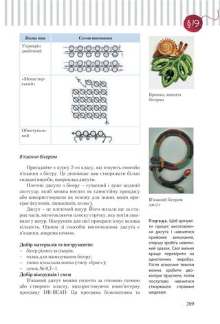 209
§ 19
Брошка, вишита
бісером
Порада. Щоб зрозумі-
ти процес виготовлен-
ня джгута і навчитися
прийомів виконання,
спершу зробіть невели-
кий зразок. Свої вміння
краще перевірити на
однотонних виробах.
Після освоєння техніки
можна зробити дво-
колірні браслети, потім
поступово навчитися
створювати справжні
шедеври.
В’язаний бісером
джгут
Назва шва Схема виконання
Уприкріп
двобічний
«Монастир-
ський»
Обметуваль-
ний
В’язання бісером
Пригадайте з курсу 7-го класу, які існують способи
в’язання з бісеру. Це допоможе вам створювати більш
складні вироби, наприклад джгути.
Плетені джгути з бісеру – сучасний і дуже модний
аксесуар, який можна носити як самостійну прикрасу
або використовувати як основу для інших видів при-
крас (кулонів, ланцюжків, кольє).
Джгут – це плетений шнур. Його низали ще за ста-
рих часів, виготовляючи плоску стрічку, яку потім зши-
вали у шнур. Візерунків для цієї прикраси існує велика
кількість. Одним зі способів виготовлення джгута є
в’язання, зокрема гачком.
Добір матеріалів та інструментів:
– бісер різних кольорів;
– голка для нанизування бісеру;
– тонка в’язальна нитка (типу «Ірис»);
– гачок № 0,7–1.
Добір візерунків і схем
В’язаний джгут можна сплести за готовою схемою
або створити власну, використовуючи комп’ютерну
програму DB-BEAD. Ця програма безкоштовна та
 