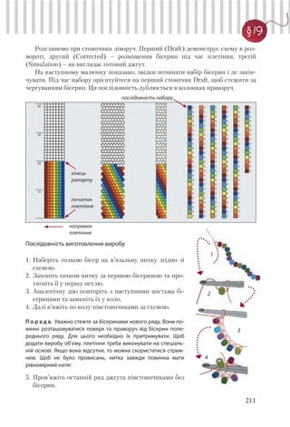211
§ 19
Розглянемо три стовпчики ліворуч. Перший (Draft) демонструє схему в роз-
вороті, другий (Corrected) – розміщення бісерин під час плетіння, третій
(Simulation) – як виглядає готовий джгут.
На наступному малюнку показано, звідки починати набір бісерин і де закін-
чувати. Під час набору орієнтуйтеся на перший стовпчик Draft, щоб стежити за
чергуванням бісерин. Ця послідовність дублюється в колонках праворуч.
послідовність набору
початок
плетіння
кінець
рапорту
напрямок
плетіння
2
1
3
4
Послідовність виготовлення виробу
1. Наберіть голкою бісер на в’язальну нитку згідно зі
схемою.
2. Захопіть гачком нитку за першою бісериною та про-
тягніть її у першу петлю.
3. Аналогічну дію повторіть з наступними шістьма бі-
серинами та замкніть їх у коло.
4. Далі в’яжіть по колу півстовпчиками за схемою.
П о р а д а. Уважно стежте за бісеринами нового ряду. Вони по-
винні розташовуватися поверх та праворуч від бісерин попе-
реднього ряду. Для цього необхідно їх притримувати. Щоб
додати виробу об’єму, плетіння треба виконувати на спеціаль-
ній основі. Якщо вона відсутня, то можна скористатися стриж-
нем. Щоб не було провисань, нитка завжди повинна мати
рівномірний натяг.
5. Пров’яжіть останній ряд джгута півстовпчиками без
бісерин.
 
