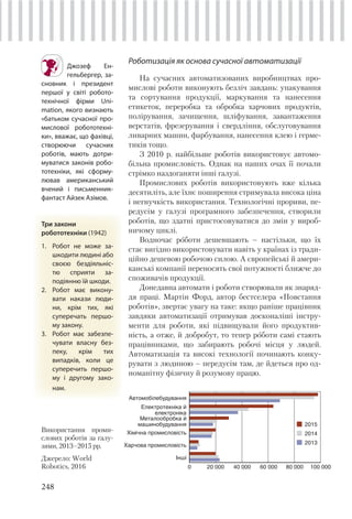 248
Роботизація як основа сучасної автоматизації
На сучасних автоматизованих виробництвах про-
мислові роботи виконують безліч завдань: упакування
та сортування продукції, маркування та нанесення
етикеток, переробка та обробка харчових продуктів,
полірування, зачищення, шліфування, завантаження
верстатів, фрезерування і свердління, обслуговування
ливарних машин, фарбування, нанесення клею і герме-
тиків тощо.
З 2010 р. найбільше роботів використовує автомо-
більна промисловість. Однак на наших очах її почали
стрімко наздоганяти інші галузі.
Промислових роботів використовують вже кілька
десятиліть, але їхнє поширення стримувала висока ціна
і негнучкість використання. Технологічні прориви, пе-
редусім у галузі програмного забезпечення, створили
роботів, що здатні пристосовуватися до змін у вироб-
ничому циклі.
Водночас роботи дешевшають – настільки, що їх
стає вигідно використовувати навіть у країнах із тради-
ційно дешевою робочою силою. А європейські й амери-
канські компанії переносять свої потужності ближче до
споживачів продукції.
Донедавна автомати і роботи створювали як знаряд-
дя праці. Мартін Форд, автор бестселера «Повстання
роботів», звертає увагу на таке: якщо раніше працівник
завдяки автоматизації отримував досконаліші інстру-
менти для роботи, які підвищували його продуктив-
ність, а отже, й добробут, то тепер роботи самі стають
працівниками, що забирають робочі місця у людей.
Автоматизація та високі технології починають конку-
рувати з людиною – передусім там, де йдеться про од-
номанітну фізичну й розумову працю.
Джозеф Ен-
гельбергер, за-
сновник і президент
першої у світі робото-
технічної фірми Uni-
mation, якого визнають
«батьком сучасної про-
мислової робототехні-
ки», вважає, що фахівці,
створюючи сучасних
роботів, мають дотри-
муватися законів робо-
тотехніки, які сформу-
лював американський
вчений і письменник-
фантаст Айзек Азімов.
Три закони
робототехніки (1942)
1. Робот не може за-
шкодити людині або
своєю бездіяльніс-
тю сприяти за-
подіянню їй шкоди.
2. Робот має викону-
вати накази люди-
ни, крім тих, які
суперечать першо-
му закону.
3. Робот має забезпе-
чувати власну без-
пеку, крім тих
випадків, коли це
суперечить першо-
му і другому зако-
нам.
Використання проми-
слових роботів за галу-
зями, 2013–2015 рр.
Джерело: World
Robotics, 2016 0 20 000 40 000 60 000 80 000 100 000
Автомобілебудування
Електротехніка й
електроніка
Металообробка й
машинобудування
Хімічна промисловість
Харчова промисловість
Інші
2015
2014
2013
 