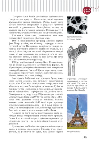 253
§ 23
По-трете, їхній дизайн досконалий, оскільки його
створила сама природа. По-четверте, вчені вивчають
адаптивність живих організмів. Форма біологічного
об’єкта зазвичай створюється в результаті тривалої
адаптації, з урахуванням багаторічного впливу як
дружніх, так і агресивних чинників. Процеси росту й
розвитку включають регулювання на клітинному рівні.
Класичним прикладом запозичення конструк-
торських ідей у природи є Ейфелева вежа.
1848 р. швейцарський професор анатомії Герман
фон Маєр досліджував кісткову структуру головки
стегнової кістки. Він виявив, що губчаста тканина за-
повнює порожнину стегнової кістки не суцільно, а у
вигляді сітки: існують численні мікроскопічні опорні
точки, по яких навантаження розподіляється на голо-
вку стегнової кістки, а потім на всю кістку. Ця сітка
мала чітку геометричну структуру.
1868 р. швейцарський інженер Карл Кульман опи-
сав це явище за допомогою математичних формул. За
20 років природний розподіл навантаження використав
інженер Олександр Гюстав Ейфель, перед яким поста-
ло завдання спроектувати споруду, яка була б високою,
міцною, легкою, долала силу вітру.
Конструкція Ейфелевої вежі повторює будову стег-
нової кістки людини, яка витримує навантаження
всього тіла. Кути між тримальними поверхнями вежі
збігаються з кутами балок губчастої тканини. Губчаста
тканина тверда і вирівняна в тих місцях, де наванта-
ження найсильніше, і атрофована там, де його немає.
Відтворивши таку структуру, Ейфель використав міні-
мум матеріалів (вага вежі 9700 т за висоти 312 м). Вод-
ночас вежа достатньо стійка до зовнішніх впливів:
завдяки кутам зовнішніх ліній вежі вітри спрямову-
ються переважно згори донизу – до її більш міцної ос-
нови, а не навпаки (навіть за сильного вітру відхилення
башти від вертикалі не перевищувало 12–15 см).
Леонардо да Вінчі під час конструювання своїх ви-
находів також використовував форми живої природи.
Однак його літальний апарат з рухомими крилами, ор-
нітоптер, не полетів – ще не були відкриті закони аеро-
динаміки.
Це доводить, що біоніка – не просто зовнішнє копію-
вання, а поетапне дослідження. Спочатку вчені дослі-
джують, як діє той чи той орган, його будову, перебіг
Губчаста тканина
стегнової кістки
Cтруктура розподілу
навантажень у стегно-
вій кістці. Рисунок зі
спільної публікації ін-
женера К. Кульмана та
анатома Дж. Вольфа
Ейфелева вежа
 