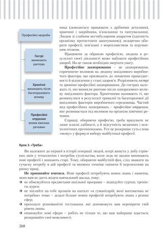268
ника (доводиться працювати з дрібними деталями),
кравчині і закрійника, в’язальниці та гаптувальниці.
Людям зі слабким вестибулярним апаратом (здатність
організму протистояти закачуванню), недоречно оби-
рати професії, пов’язані з мореплавством та керуван-
ням літаком.
Працюючи за обраною професією, людина в ре-
зультаті своєї діяльності може набувати професійних
хвороб. На це також необхідно звертати увагу.
Професійне захворювання – це захворювання,
спричинене впливом на людину шкідливого виробни-
чого фактора, що призводить до зниження працездат-
ності й відхилення у стані здоров’я. Розрізняють гострі
та хронічні професійні захворювання. До гострих нале-
жать ті, які виникли раптово після одноразового впли-
ву шкідливого фактора. Хронічними називають ті, що
розвинулися в результаті тривалої та багаторазової дії
шкідливих факторів виробничого середовища. Частий
вид професійних захворювань – професійне отруєння,
яке розвивається під впливом на організм хімічних ре-
човин.
Справді, обираючи професію, треба врахувати не
лише власні здібності, а й відсутність медичних і пси-
хологічних протипоказань. Усе це розкриває суть слова
«можу» у формулі вибору майбутньої професії.
Професійні хвороби
Професійні
отруєння
вплив хімічних
речовин
Гострі
виникають
раптово
Хронічні
виникають після
багаторазового
впливу
Крок 3. «Треба»
Ви належите до першої в історії генерації людей, котрі живуть у добу стрім-
ких змін у технологіях і потребах суспільства, коли ледь не щодня виникають
нові професії і зникають старі. Тому, обираючи майбутній фах, слід зважати на
сучасну потребу в цій професії та якомога точніше оцінити її перспективи на
ринку праці.
Не припиняйте вчитися. Нові професії потребують нових знань і навичок,
яких вам не дасть жоден навчальний заклад, тому:
не обмежуйтеся предметами шкільної програми – відвідуйте гуртки, тренін-
ги, курси;
не чіпляйте на себе ярликів на кшталт «я гуманітарій, мені математика не
потрібна» тощо – дедалі більше нових професій потребують знань з різних
сфер;
проходьте різноманітні тестування, які допоможуть вам перевірити свій
рівень знань;
опановуйте нові сфери – робіть не тільки те, що вам найкраще вдається;
розкривайте свої можливості.
 