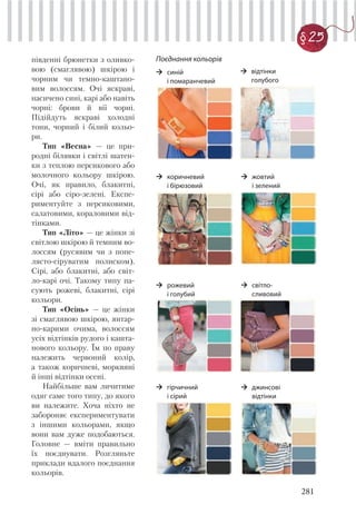 281
§ 25
південні брюнетки з оливко-
вою (смаглявою) шкірою і
чорним чи темно-каштано-
вим волоссям. Очі яскраві,
насичено сині, карі або навіть
чорні: брови й вії чорні.
Підійдуть яскраві холодні
тони, чорний і білий кольо-
ри.
Тип «Весна» — це при-
родні білявки і світлі шатен-
ки з теплою персикового або
молочного кольору шкірою.
Очі, як правило, блакитні,
сірі або сіро-зелені. Експе-
риментуйте з персиковими,
салатовими, кораловими від-
тінками.
Тип «Літо» — це жінки зі
світлою шкірою й темним во-
лоссям (русявим чи з попе-
лясто-сіруватим полиском).
Сірі, або блакитні, або світ-
ло-карі очі. Такому типу па-
сують рожеві, блакитні, сірі
кольори.
Тип «Осінь» — це жінки
зі смаглявою шкірою, янтар-
но-карими очима, волоссям
усіх відтінків рудого і кашта-
нового кольору. Їм по праву
належить червоний колір,
а також коричневі, морквяні
й інші відтінки осені.
Найбільше вам личитиме
одяг саме того типу, до якого
ви належите. Хоча ніхто не
забороняє експериментувати
з іншими кольорами, якщо
вони вам дуже подобаються.
Головне — вміти правильно
їх поєднувати. Розгляньте
приклади вдалого поєднання
кольорів.
Поєднання кольорів
синій
і помаранчевий
коричневий
і бірюзовий
рожевий
і голубий
гірчичний
і сірий
відтінки
голубого
жовтий
і зелений
світло-
сливовий
джинсові
відтінки
 