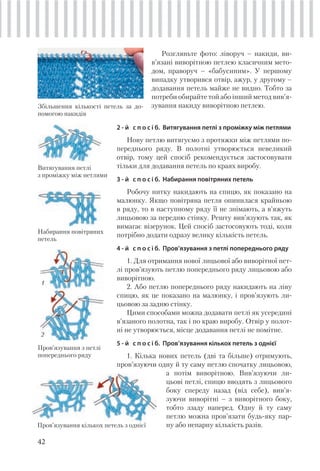 42
Розгляньте фото: ліворуч – накиди, ви-
в’язані виворітною петлею класичним мето-
дом, праворуч – «бабусиним». У першому
випадку утворився отвір, ажур, у другому –
додавання петель майже не видно. Тобто за
потреби обирайте той або інший метод вив’я-
зування накиду виворітною петлею.
2 - й с п о с і б. Витягування петлі з проміжку між петлями
Нову петлю витягуємо з протяжки між петлями по-
переднього ряду. В полотні утворюється невеликий
отвір, тому цей спосіб рекомендується застосовувати
тільки для додавання петель по краях виробу.
3 - й с п о с і б. Набирання повітряних петель
Робочу нитку накидають на спицю, як показано на
малюнку. Якщо повітряна петля опинилася крайньою
в ряду, то в наступному ряду її не знімають, а в’яжуть
лицьовою за передню стінку. Решту вив’язують так, як
вимагає візерунок. Цей спосіб застосовують тоді, коли
потрібно додати одразу велику кількість петель.
4 - й с п о с і б. Пров’язування з петлі попереднього ряду
1. Для отримання нової лицьової або виворітної пет-
лі пров’язують петлю попереднього ряду лицьовою або
виворітною.
2. Або петлю попереднього ряду накидають на ліву
спицю, як це показано на малюнку, і пров’язують ли-
цьовою за задню стінку.
Цими способами можна додавати петлі як усередині
в’язаного полотна, так і по краю виробу. Отвір у полот-
ні не утворюється, місце додавання петлі не помітне.
5 - й с п о с і б. Пров’язування кількох петель з однієї
1. Кілька нових петель (дві та більше) отримують,
пров’язуючи одну й ту саму петлю спочатку лицьовою,
а потім виворітною. Вив’язуючи ли-
цьові петлі, спицю вводять з лицьового
боку спереду назад (від себе), вив’я-
зуючи виворітні – з виворітного боку,
тобто ззаду наперед. Одну й ту саму
петлю можна пров’язати будь-яку пар-
ну або непарну кількість разів.
Збільшення кількості петель за до-
помогою накидів
1
2
Витягування петлі
з проміжку між петлями
Набирання повітряних
петель
Пров’язування з петлі
попереднього ряду
Пров’язування кількох петель з однієї
 
